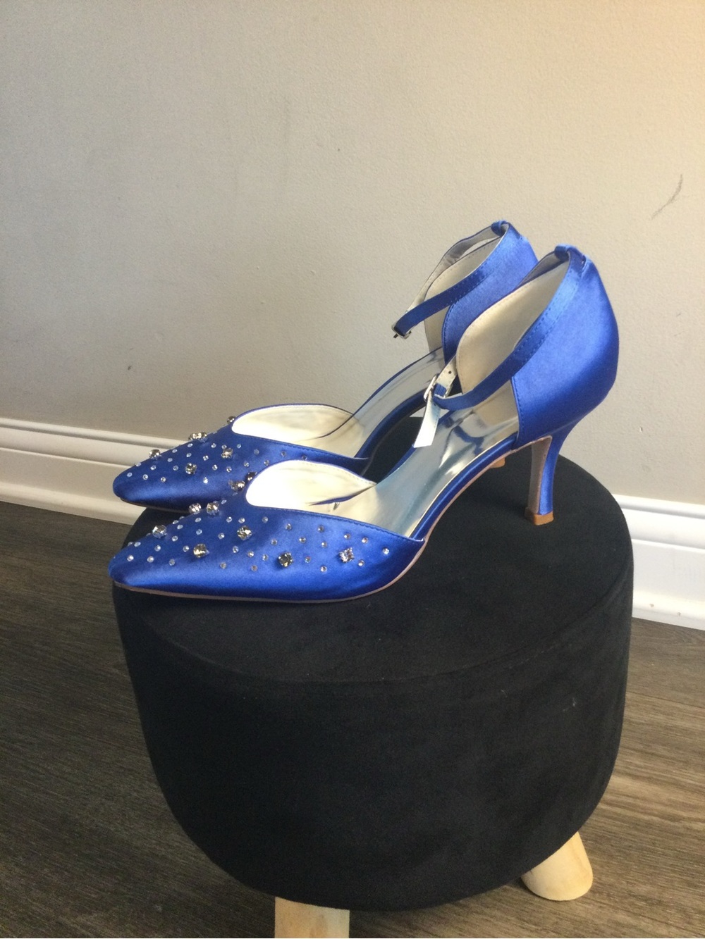 Embellished Satin Pointed-Toe Ankle-Strap Heels in Royal Blue